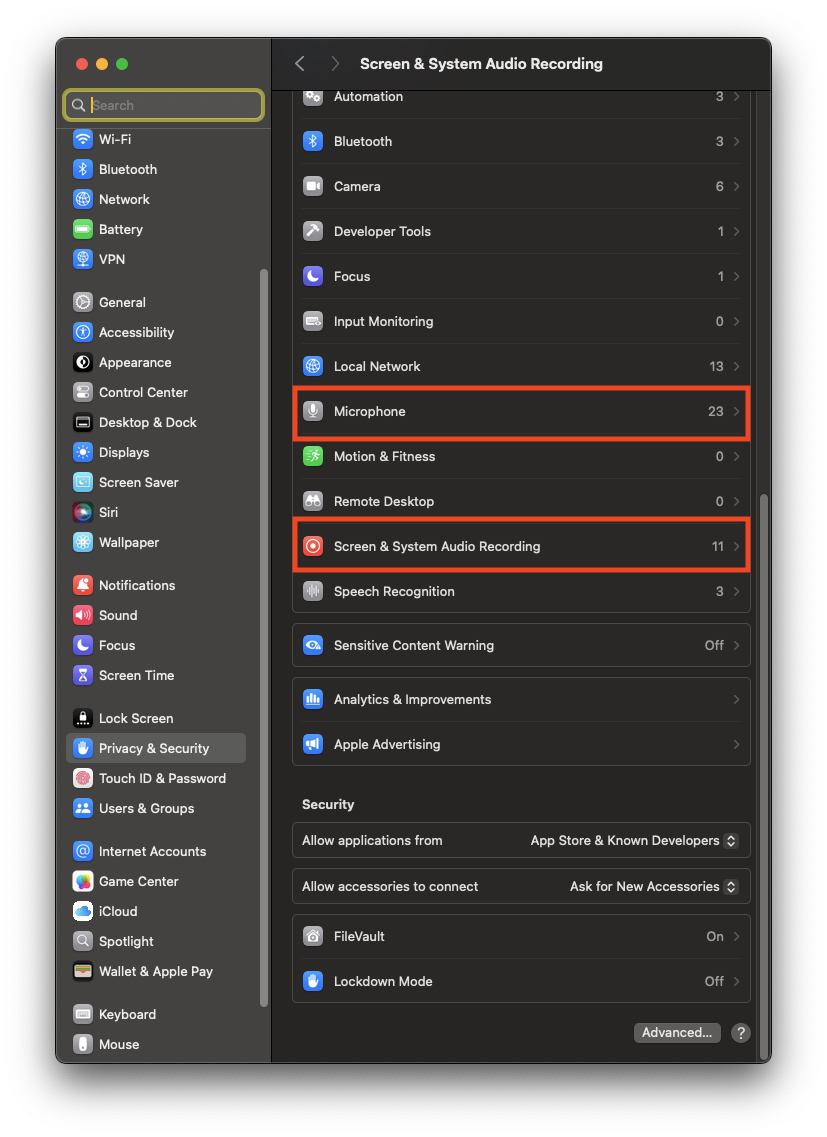 macOS System Preferences with Privacy & Security selected