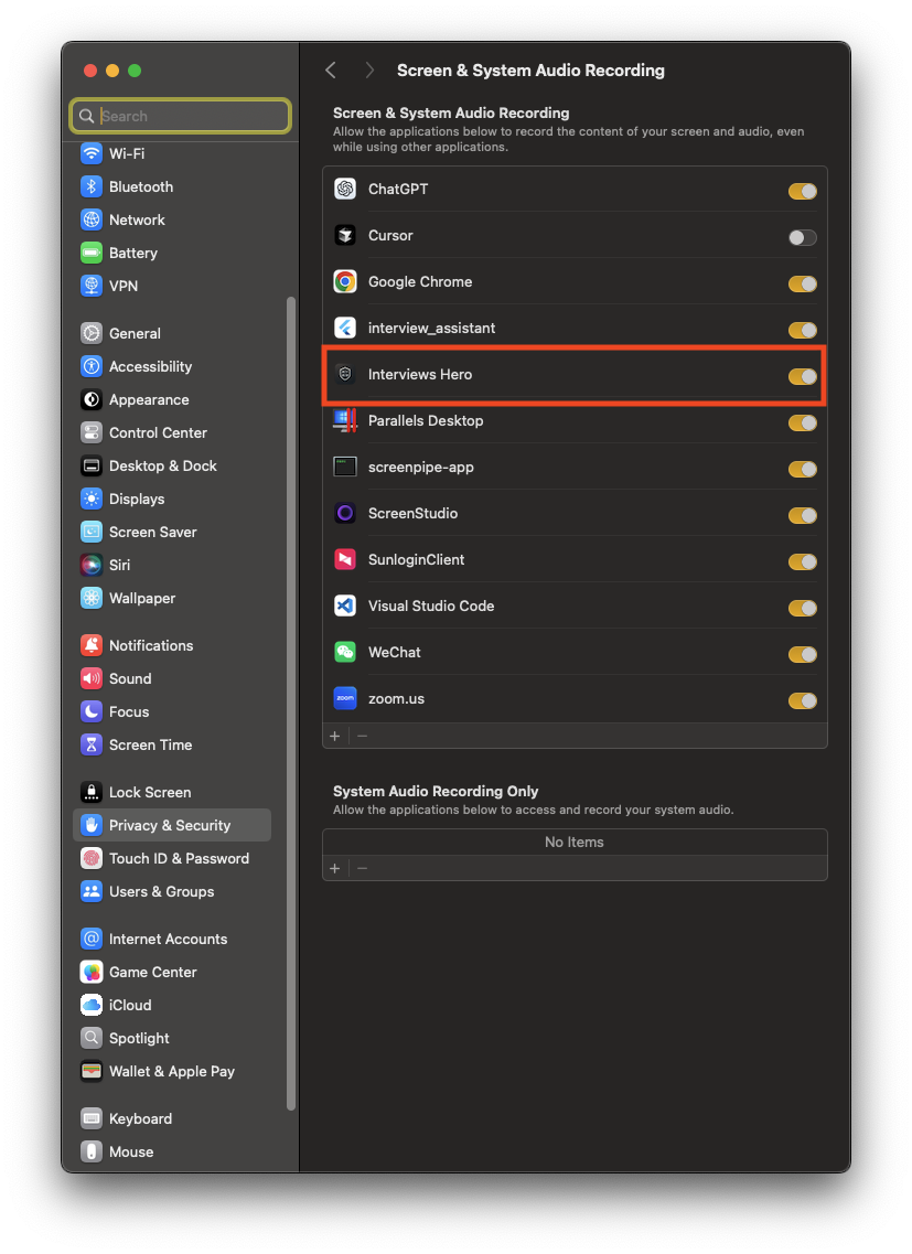 Screen Recording list with Interview Hero checked