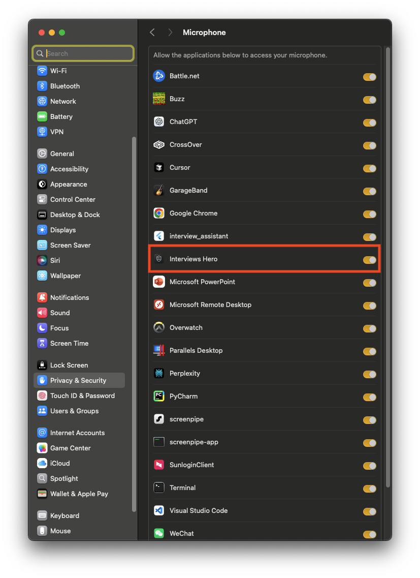 Microphone list with Interview Hero checked